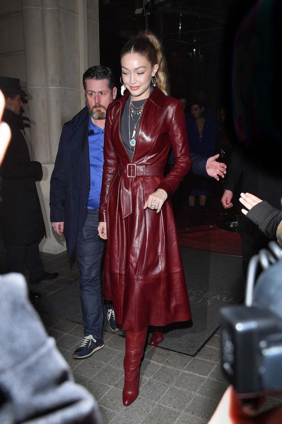 Gigi Hadid Dark Maroon Premium Solid Party Wear Single Breasted Leather Trench Coat Long Coat With Leather Petite Belt From Luxe crafts Etsy