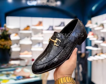 Men's Bespoke Handmade Italian Black Crocodile Alligator Emboss Luxury Genuine Leather Shoes, Men's Black Crocodile Buckled Moccasin Loafers
