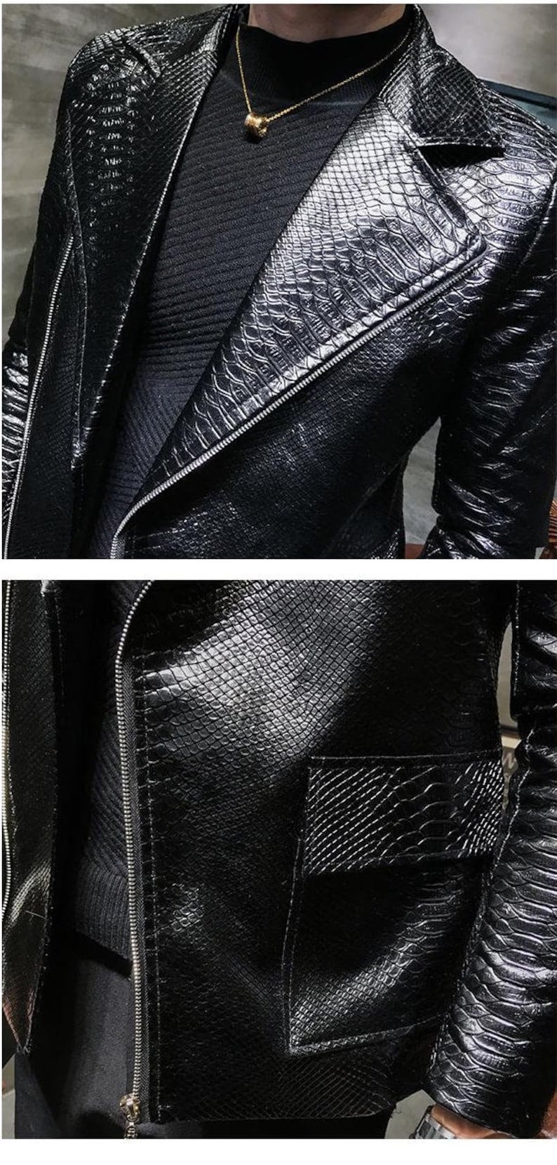 Pu&ograve; includere: Giacca nera in ecopelle con motivo a trama di pelle di serpente. La giacca presenta una chiusura con cerniera, un revers a lancia e una tasca. La giacca &egrave; indossata sopra un dolcevita nero a coste.