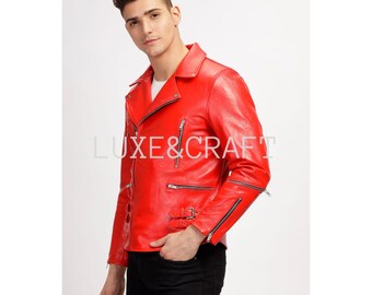 Chaqueta de cuero para motociclista de corte ajustado de color rojo para hombre, chaqueta de cuero roja para hombre, chaqueta de motociclista roja para hombre, chaqueta de cuero roja navideña para hombre