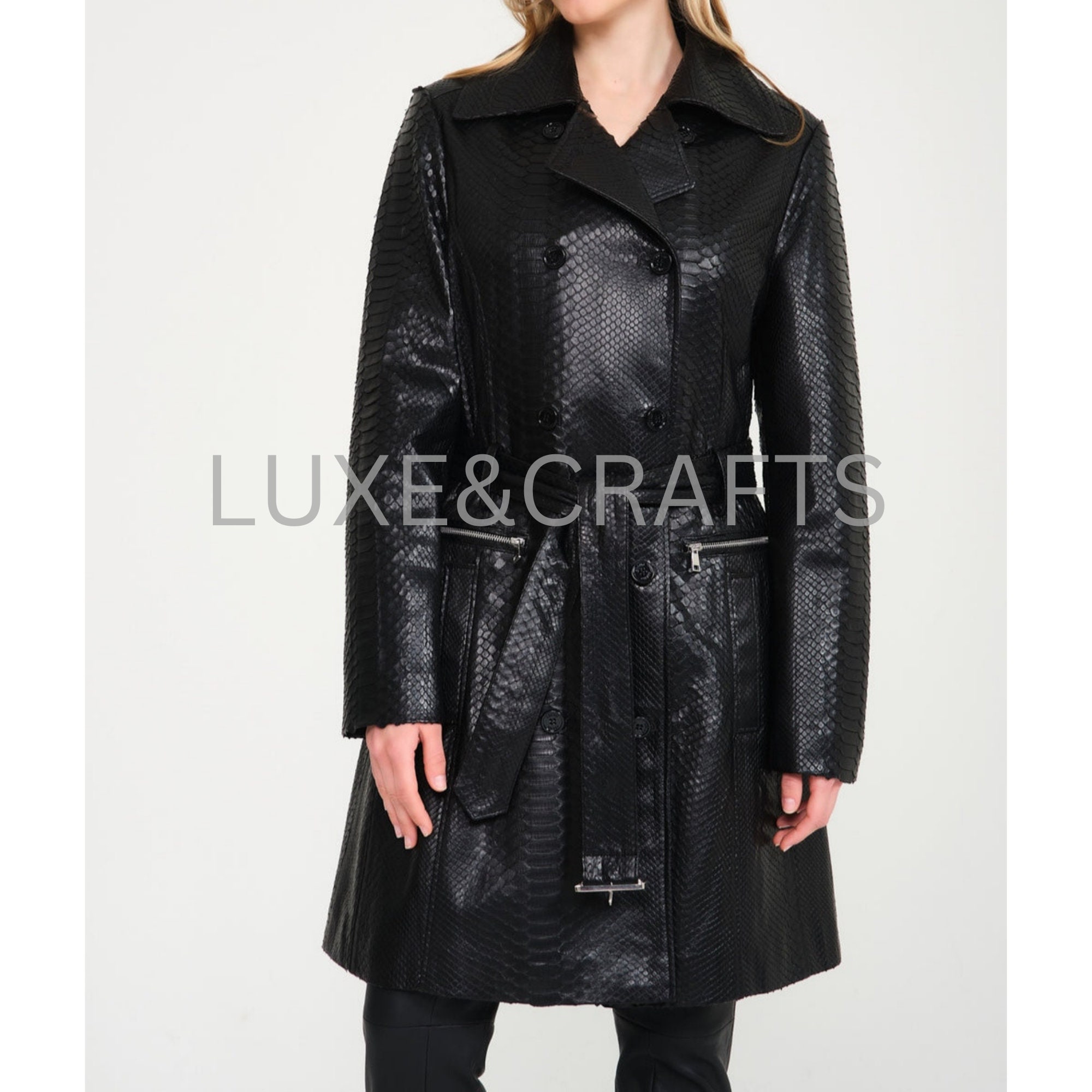 ジャケット・アウター unknown black pythons long coat Man's Snakeskin Trench Coat, Python Leather Men's Coat