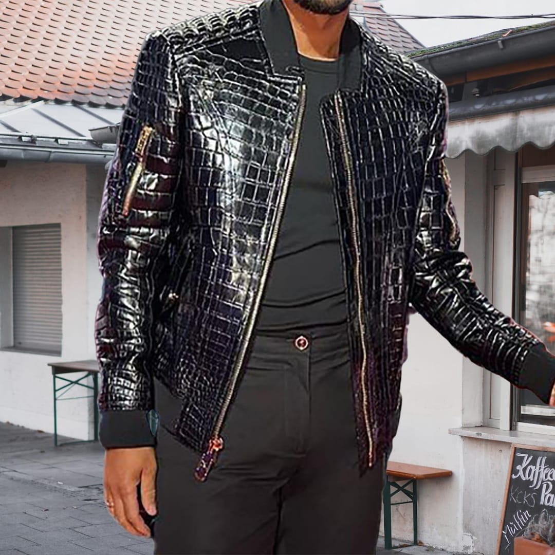 Men's Shiny Black Patent Croco Effect Slim Fit Genuine