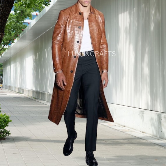 メンズ ブラウン クロコダイル アリゲーター テクスチャード シングル