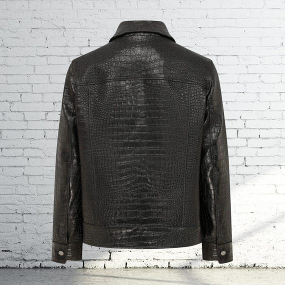 Men's Black Croc Embossed Effect Motorcycle Biker Genuine Lamb