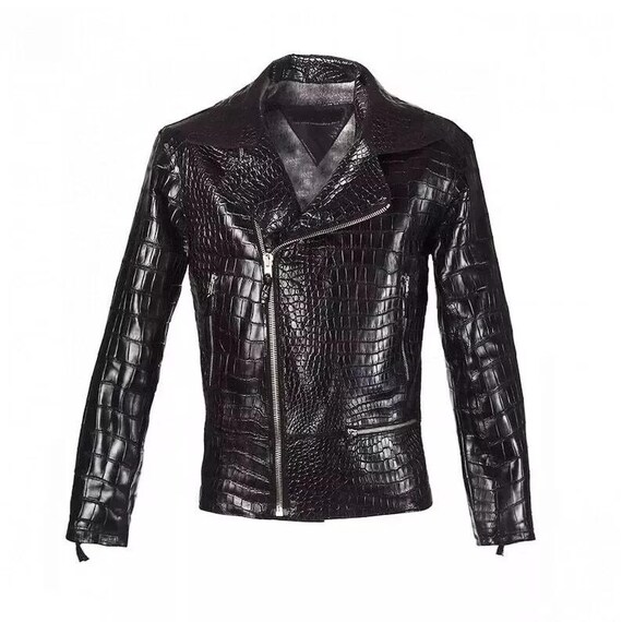 Men's Black Croco Alligator Embossed Effect Motorcycle Biker Genuine Leather Jacket, Mens Black Croc Leather Jacket, Black Alligator Jacket
