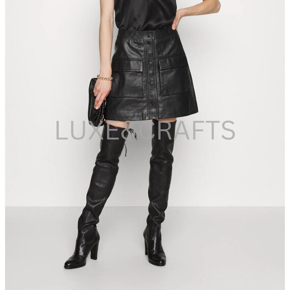 Womens black leather a line skirt cheap