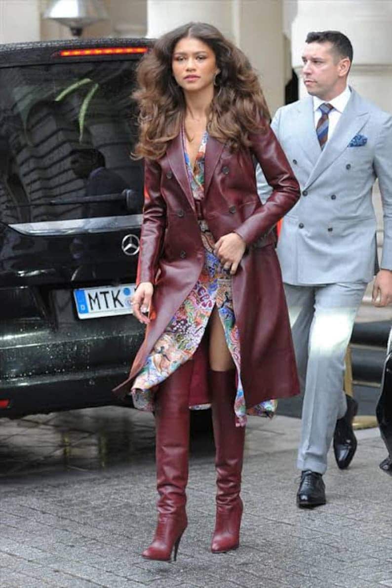 Zendaya Burgundy Double Breasted Leather Trench Coat / Long Coat