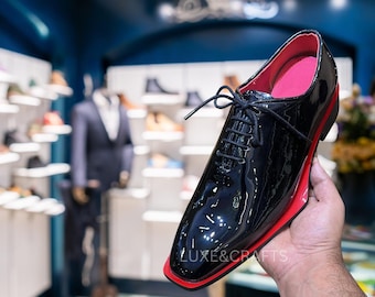 Men's Bespoke Handmade Italian Black Patent Luxury Genuine Leather Derbie Oxford with Red Base, Men's Black Groom Wedding Oxford Shoes
