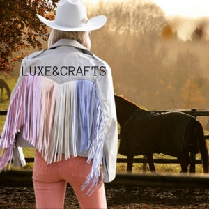 Womens White with Rainbow Metallic Foil Fringes Motorcycle Biker Real Leather Jacket, Womens Metallic Fringe Jacket, Metallic Leather Jacket