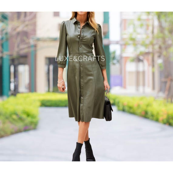 Women's Olive Green Tailored Ruched Sleeves Genuine Leather Dress, Woman Green Leather Dress, Leather Shirt Dress Olive Green Women