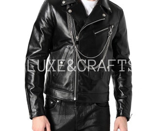 Chaqueta de cuero para motociclista, informal, lisa y negra, para hombre. Chaqueta de cuero negra para hombre. Chaqueta de motociclista negra para hombre.