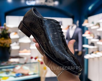Men's Bespoke Handmade Italian Black Crocodile Alligator Emboss Luxury Genuine Leather Shoes, Men's Black Crocodile Wholecut Dress Shoes