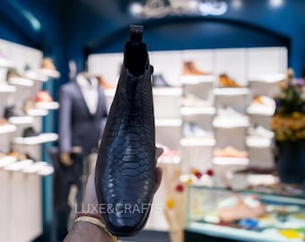 Men's Bespoke Handmade Italian Cut Python Cobra Textured Square Toe High Ankle Genuine Leather Chelsea Boots, Black Python Scaled Chelsea