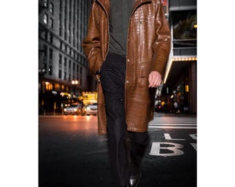 Men's Brown Croc Embossed Effect Hooded Genuine Leather Jacket, Mens Brown Croc Leather Hooded Coat, Brown Croc Trench Coat, Croc Leather