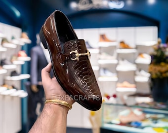 Men's Bespoke Italian Brown Hand Painted Python Anconda Cobra Effect Round Toe  Genuine Leather Moccasin Loafer, Python Leather Loafers Men