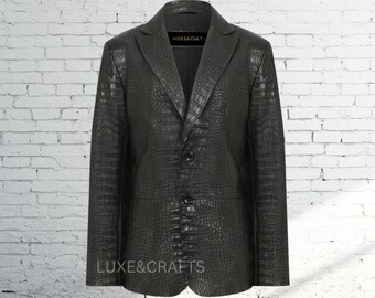 Women's Black Croc Embossed Effect Slim fit Tailored Genuine Lamb Leather Blazer Coat,  Women's Black Croc Leather Blazer, Black Croc Coat