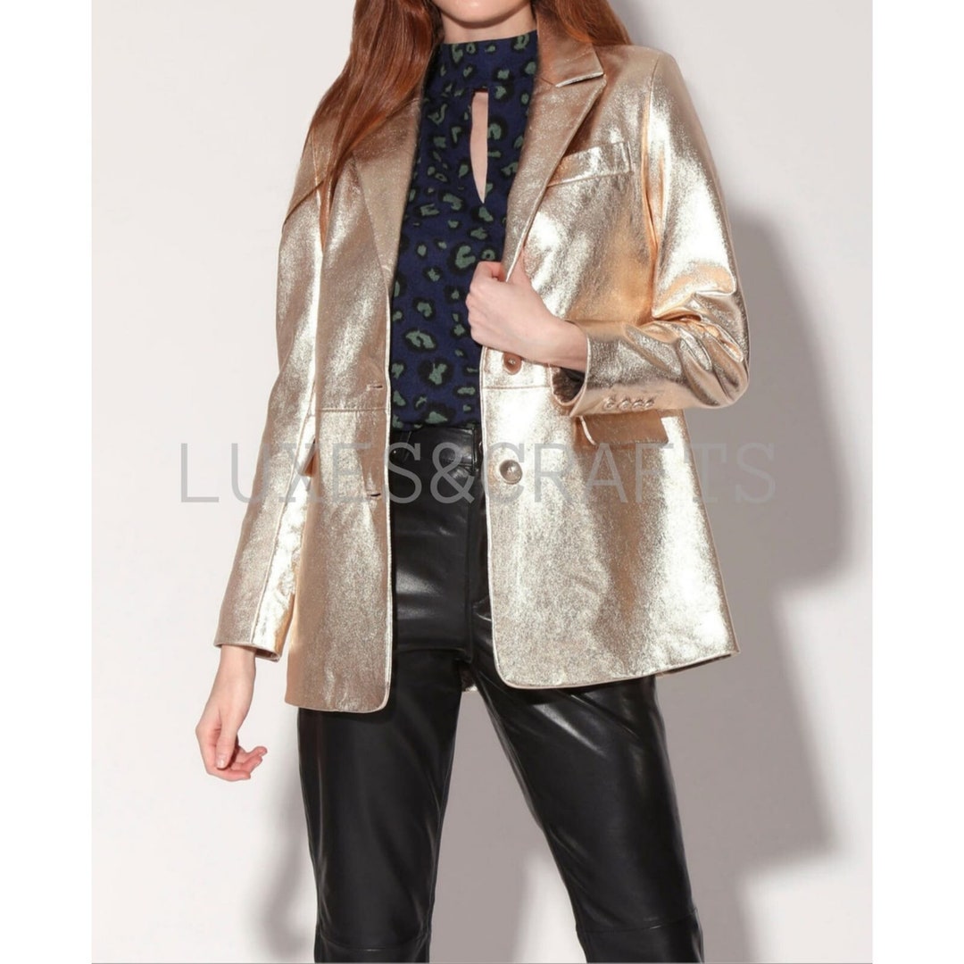 Women's Gold Metallic Foil Casual Tailored Leather Blazer, Women's Gold