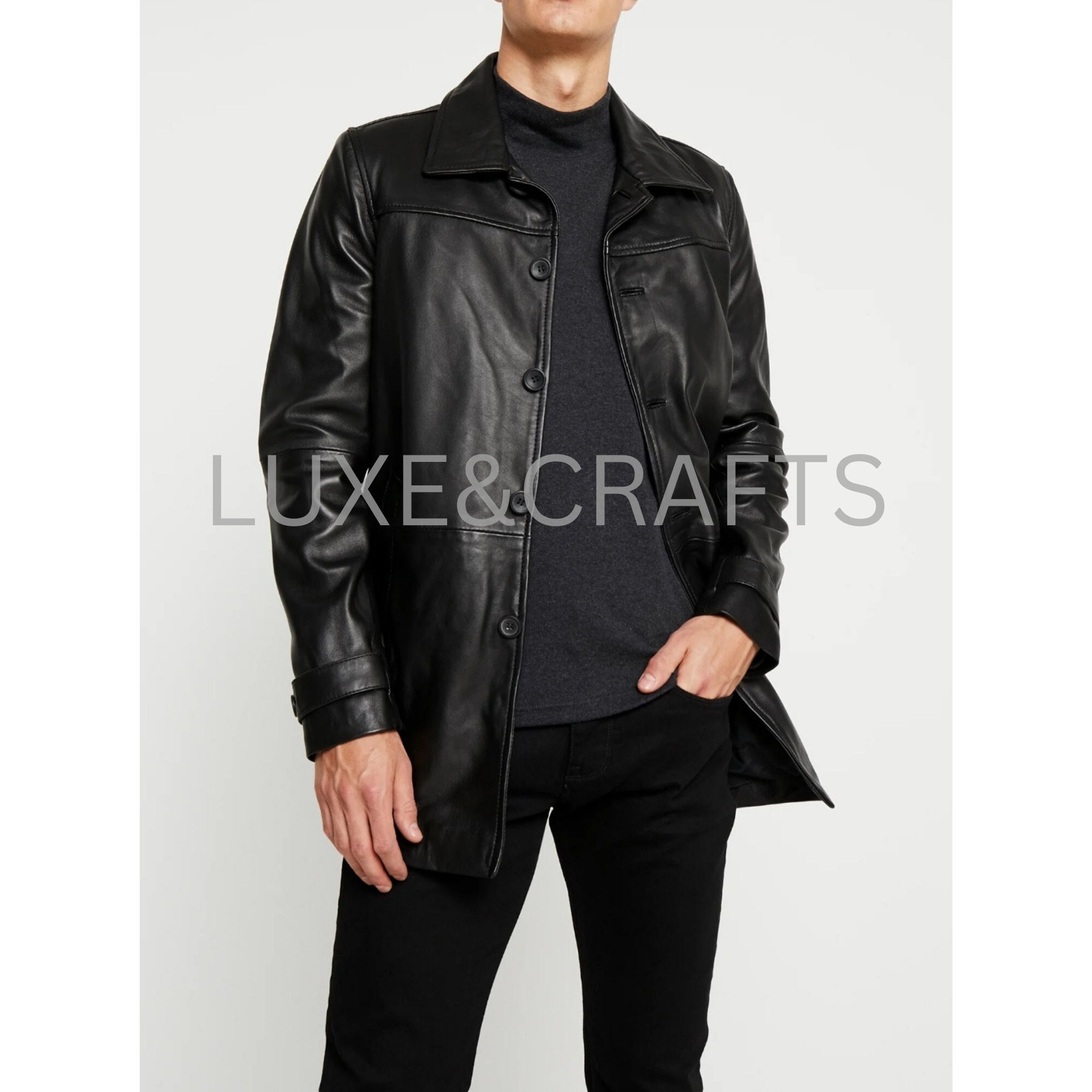【Anyone more】 Black Leather Pocket Collar Jacket Men's Black Leather Jacket with Zipper, Multiple Pockets
