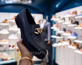 Men's Luxury Handmade Italian Black Python Emboss Gold Plated Chain Buckle Chunky Sole Genuine Leather Boots, Men's Python Chunky Moccasin