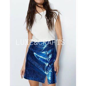 Women&#39;s Electric Blue Metallic Foil Lightweight A-Line Leather Mini Skirt, Women&#39;s Leather Mini Skirt, Women&#39;s Blue Leather Skirt