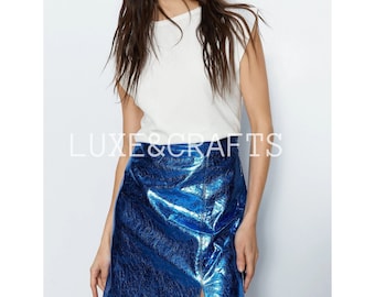 Women's Electric Blue Metallic Foil Lightweight A-Line Leather Mini Skirt, Women's Leather Mini Skirt, Women's Blue Leather Skirt