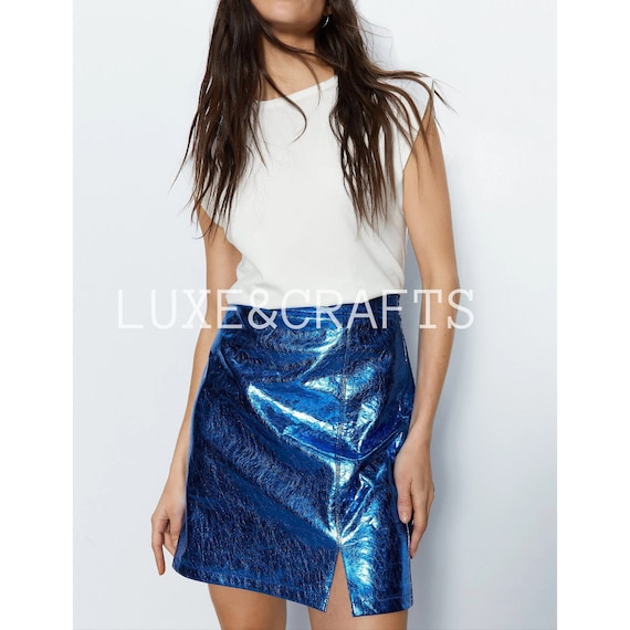 Blue leather skirt outlet