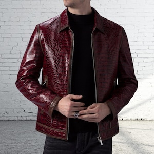 Mens Maroon Red - Black Croco Embossed Effect Two Tone Slim Fit Motorcycle Biker Genuine Leather Jacket, Mens Red Croc Effect Leather Jacket