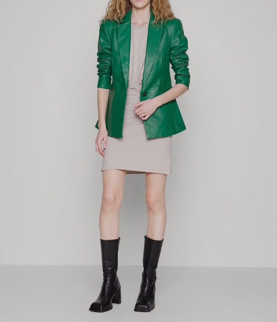 green leather blazer dress Women's Solid Casual Tailored Business Blazer, Women's Green Leather Jacket, Women's Green Leather Coat, Green Leather Coat GOLD-SEQUIN