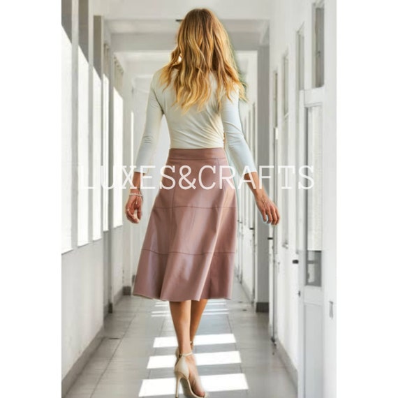 Women s Light Pink A Line Midi Leather Skirt from luxe crafts