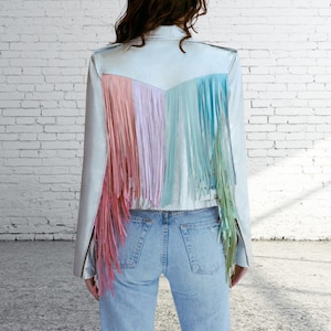 Womens Metallic Silver Effect Motorcycle Biker Leather Jacket with Rainbow Fringes/Tassels, Women&#39;s Silver Rainbow Fringed Leather Jacket