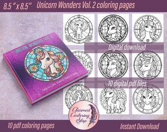 Unicorn Wonders Vol.2: Easy-to-Color Stained Glass Coloring Pages - Printable PDF Files - Instant Download - Kids coloring pages