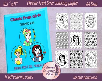May include: A coloring book featuring 14 printable pages of fruit-themed girls. The cover shows three girls with fruit-themed hair and outfits. The book is titled "Classic Fruit Girls Coloring Book" and is available for instant download.