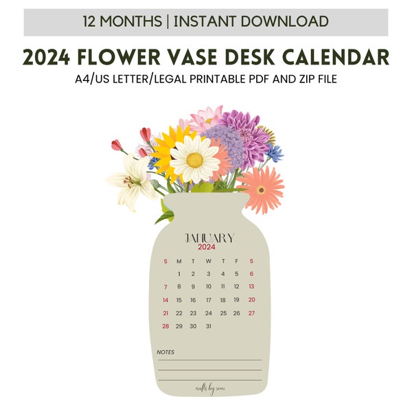 Printable 2024 Flower Vase Desk Calendar