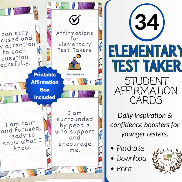 Encouraging Test Day Affirmation Cards for Students, Positive Printable PDF 2.5x3.5 In. Cards and Box, Standardized Testing Student Support
