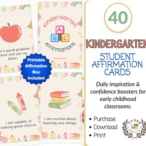 Tarjetas de Afirmación de Jardín de Infantes / Conjunto de 35 Tarjetas PDF Imprimibles / Mentalidad de Crecimiento para Niños / Afirmaciones Positivas / 2.5x3.5 In