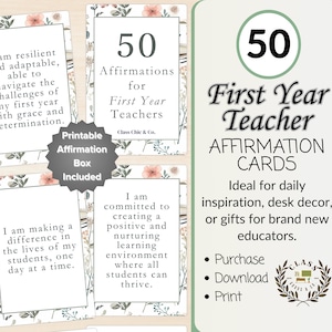 Empowering First Year Teacher Affirmation Cards Set, Printable PDF Cards & Box, Positive Vibes, 2.5x3.5 in" Daily Positivity