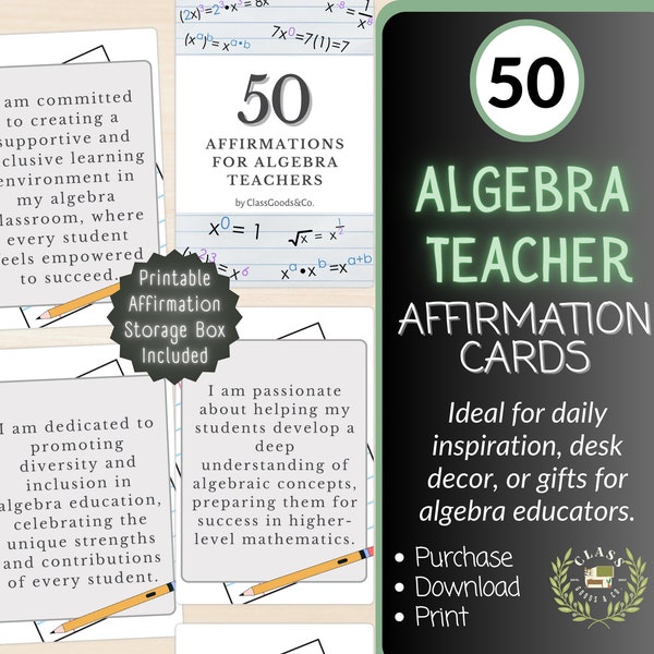 Algebra Teacher Affirmation Cards - Printable PDF for Teacher Appreciation, Positive Affirmations, 2.5 x 3.5 In Cards and Box
