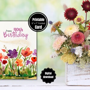 Carte d'anniversaire imprimable, carte de voeux de joyeux anniversaire, carte de fleurs de 40e anniversaire, carte d'anniversaire numérique, téléchargement instantané PDF carte 5 x 7 pouces