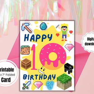 Carte 10e anniversaire TÉLÉCHARGEMENT IMMÉDIAT 10e anniversaire personnalisé, beignet rose, fille gamer