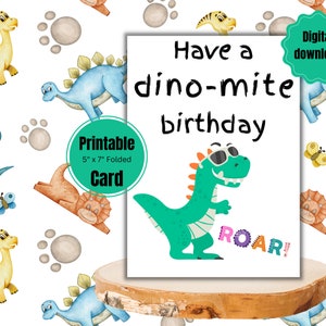 Printable birthday card, Happy Birthday Dino-mite Greeting Card, Dinosaur, Digital Birthday card, instant download PDF 5x7 inch card