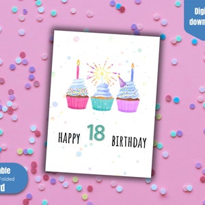 Printable 18th birthday card, Happy Birthday, cupcakes, colourful, instant download, happy eighteenth birthday, birthday celebration
