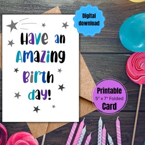 Cartão de aniversário imprimível, cartão de feliz aniversário, cartão de aniversário digital, download instantâneo em PDF de 5x7 polegadas