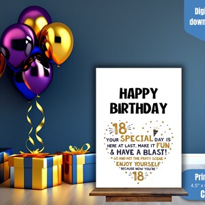 Printable 18th birthday card, Happy Birthday, instant download, happy eighteenth birthday, Blast birthday celebration, special day