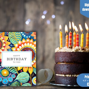 Funky Blumen Geburtstagskarte zum Ausdrucken, Happy Birthday, sofort-download, Geburtstagsfeier, floral, bunt