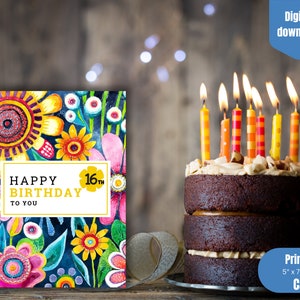 Funky Blumen Karte zum 16.Geburtstag, zum sechzehnten Geburtstag, Geburtstagsfeier, Geburtstagsfeier, floral, bunt