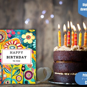 Funky Blumen Geburtstagskarte zum Ausdrucken, Happy Birthday, sofort-download, Geburtstagsfeier, floral, bunt