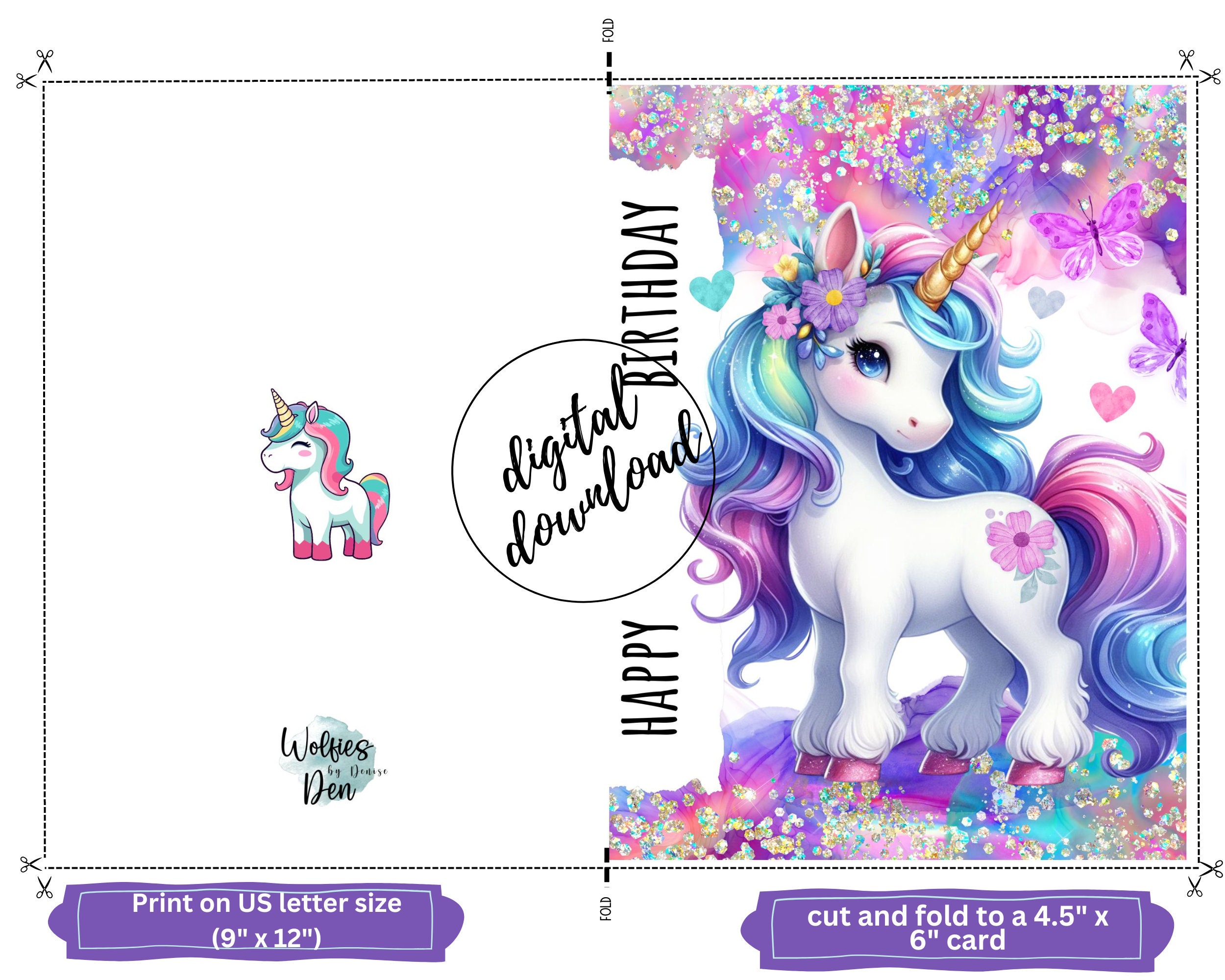 Unicorn Birthday Card, Pink and Purple Colourful Girly Card, Instant ...
