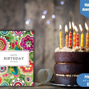 Funky Blumen Geburtstagskarte zum Ausdrucken, Happy Birthday, sofort-download, Geburtstagsfeier, floral, bunt