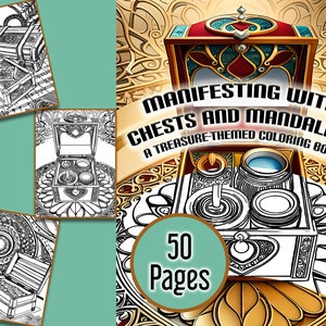 Puede incluir: Libro para colorear en blanco y negro de 50 páginas con ilustraciones intrincadas de cofres del tesoro y mandalas. La portada presenta una ilustración detallada de un cofre del tesoro adornado con un diseño de mandala. El título del libro es "Manifesting with Chests and Mandalas: A Treasure-Themed Coloring Book".