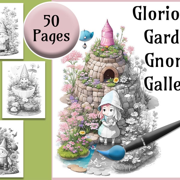 Glorious Garden Gnome Gallery : Downloadable Coloring Pages - JPG and PDF - Cute female and male Gnomes - 50 Pages